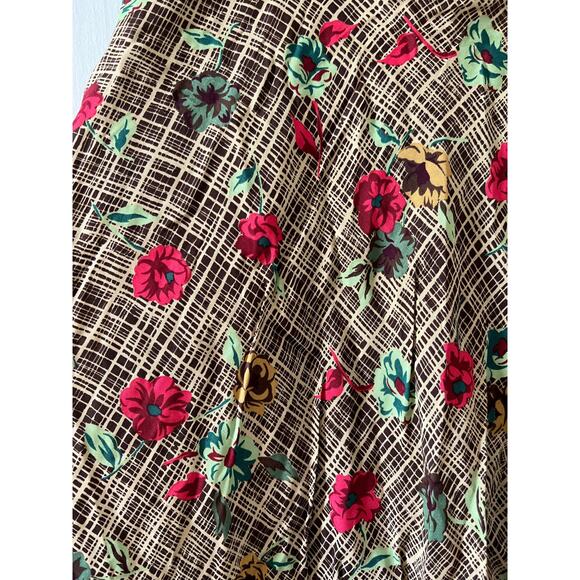 Vintage 80s Floral rayon skirt Brown & Red Poppy Print - Picture 5 of 5